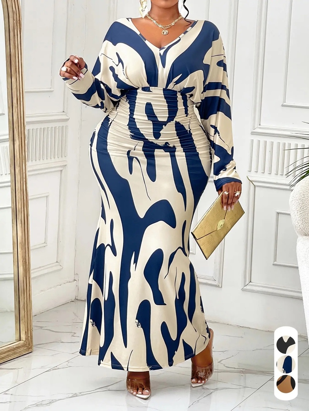 Plus Size Navy and Cream V-Neck Ruched Maxi Dress- NWOT